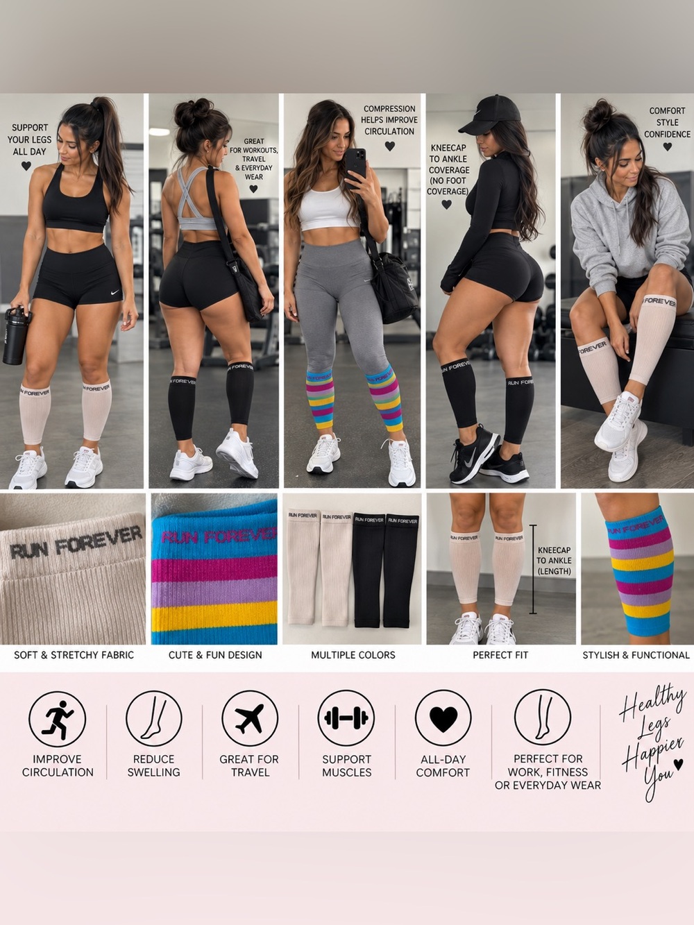 Run Forever Knee-to-Ankle Compression Leg Sleeves – 2 Pairs